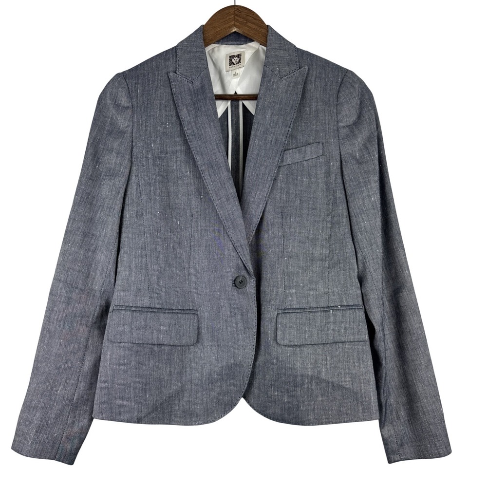 Anne Klein Blazer Women 2 Gray Light Blue Linen Blend Jacket Single Button Tweed